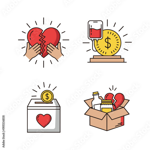 Charity donation icons: helping broken heart, blood, money, and supplies for needy people