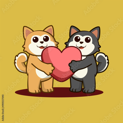 cute shiba inu and husky holding heart