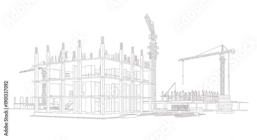 vector illustration of a building construction site with crane, blueprint or architectural plan, for design or engineering presentation