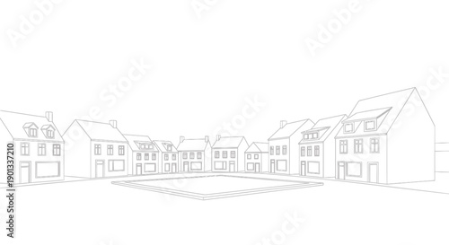 Vector illustration of a row of suburban houses, line drawing, gray outline, for architecture or real estate mockup, isolated on transparent background, png
