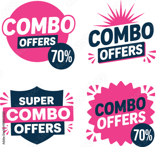Four different combo offers stickers with discount labels and sale tags for promotional use.