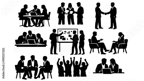 Modern Office Teamwork Business People Silhouette Collaboration Set