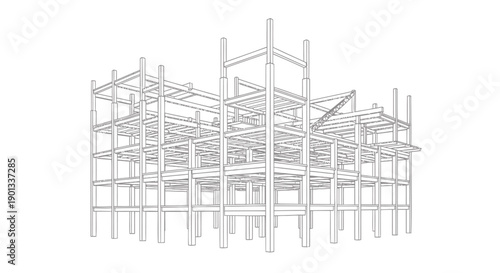 Vector illustration of a building framework or construction scaffolding, for architecture or engineering presentation, isolated on transparent background, png