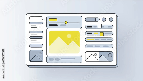 Minimalist dashboard user interface layout with yellow mountain image and various slider controls