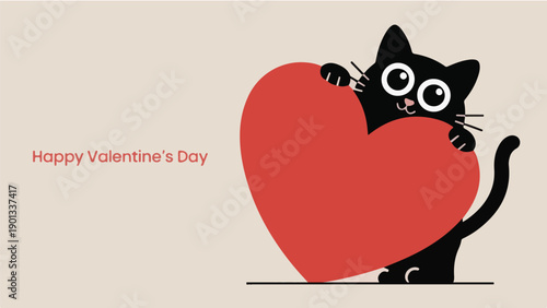 Cute black cat holding big red heart shape on beige background with happy valentine day typography