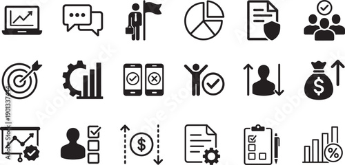 Audit workflow icon set showing review process, compliance steps and business control symbols
