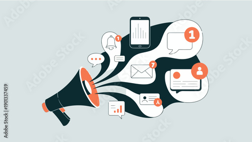 Loudspeaker broadcasting messages and notifications, various digital communication icons emerging