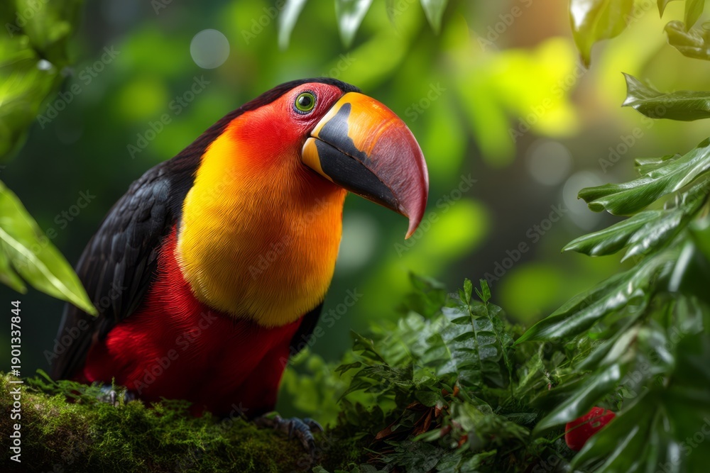 Fototapeta premium Colorful Toucan Perched on Mossy Branch in Lush Jungle Habitat