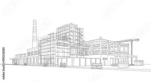 Vector line drawing of a factory or industrial building under construction, with scaffolding and a crane, for architecture or engineering presentation