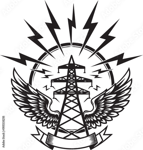 Electric power pylon with wings and lightning bolts emblem