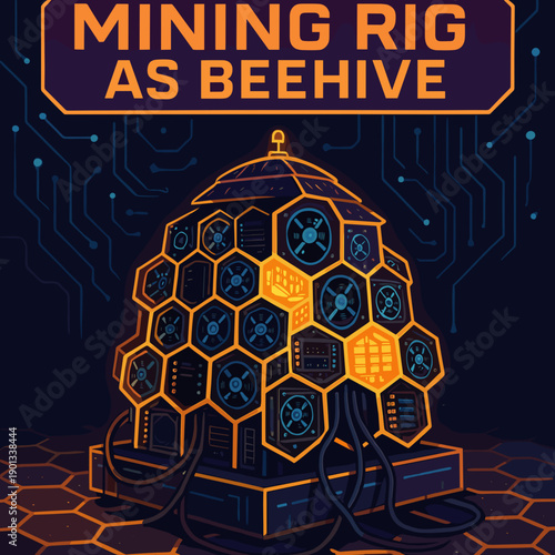 Futuristic mining rig illustrated as a beehive in a neon style with a digital background