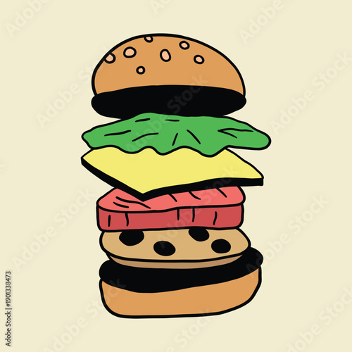 hand drawn large hamburger doodle cartoon illustration