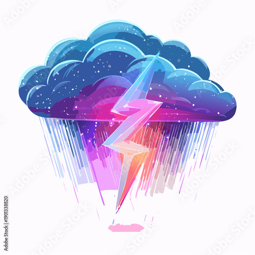 Colorful Storm Cloud with Lightning Bolt and Rain Illustration