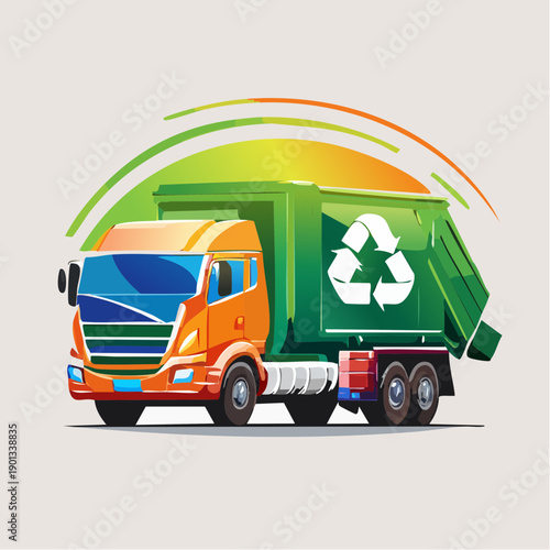 Recycling truck with green recycling symbol on side for ecological waste management