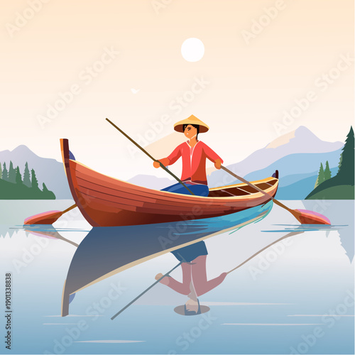 Person paddling a boat on a calm lake with mountain and trees in background