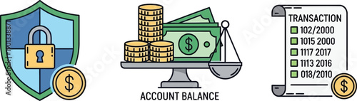 Finance and Security Icons: Shield, Balance, Transactions