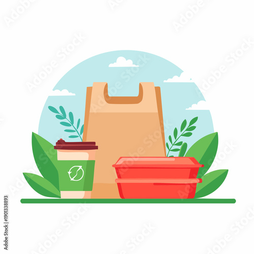 Sustainable Daily Choices Illustration Featuring Eco-Friendly Food Packaging and Reusable Drink Containers