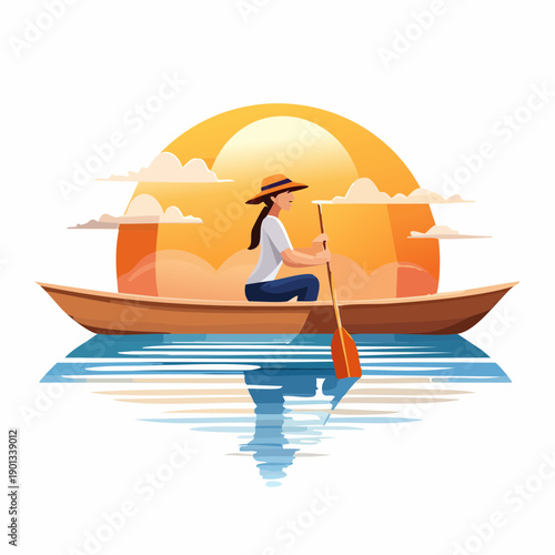 Woman Paddling a Boat on Water with Sunrise and Clouds Background