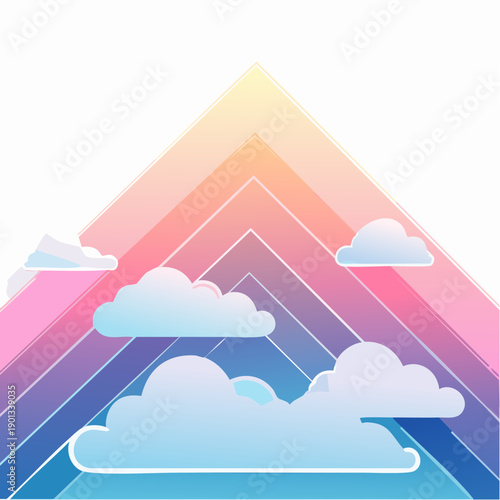 Dreamy rainbow mountain peaks with fluffy clouds against a white background