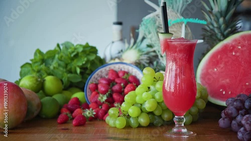 None Fresh fruit and smoothie on wooden table in modern kitchen