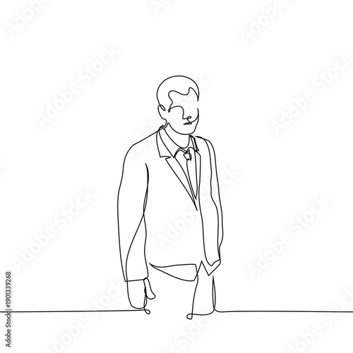 line drawing of a sad middle-aged businessman with a slight belly and receding hairline standing with slumped shoulders. midlife crisis, workplace burnout, professional failure, health awareness