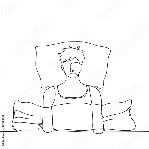 continuous line drawing of a man lying in bed on a pillow looking at the ceiling with a sad expression. insomnia problems, sleep disorder articles, depression concepts, morning fatigue