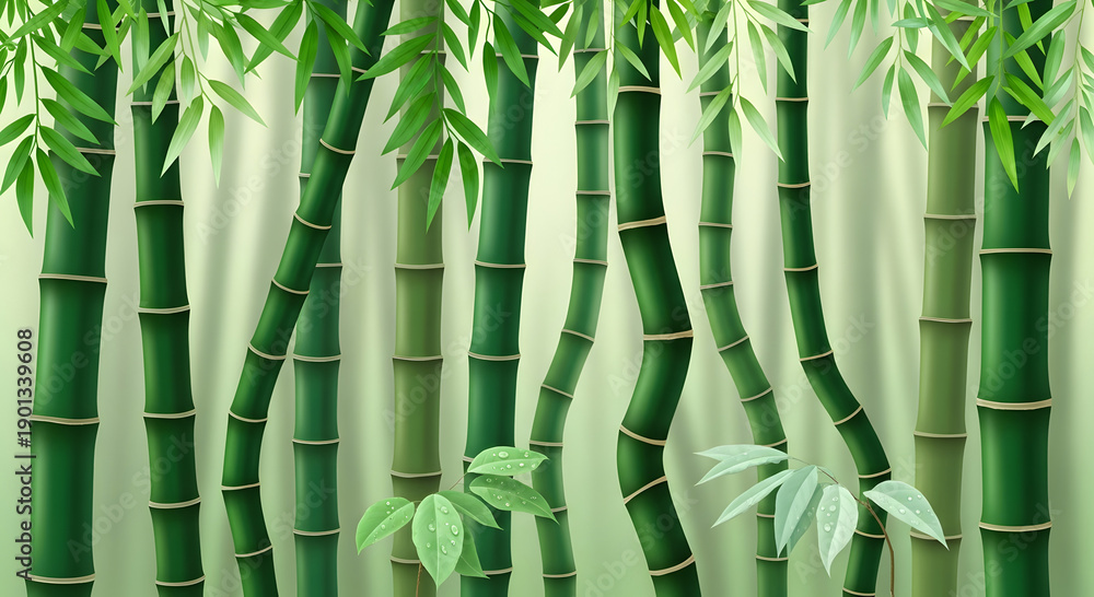 Obraz premium Dense bamboo grove with numerous green stalks and lush foliage creating a natural backdrop