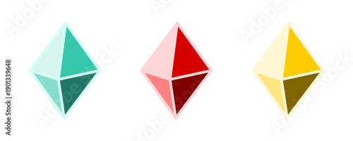 Basic Colorful Geometric Diamond Crystal Gem Icon Set in 3D Style Perspective View. Vector Image.