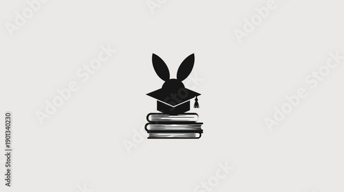 Clever Rabbit Wearing Graduation Cap on Books Icon Symbolizing Education, Learning, and Academic Achievement