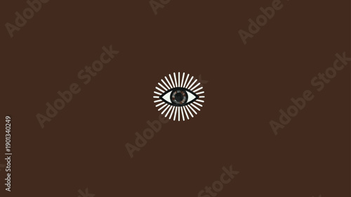 All-seeing eye symbol with radiating sun rays on a deep brown background. Esoteric, mystical, visionary, and spiritual graphic icon.