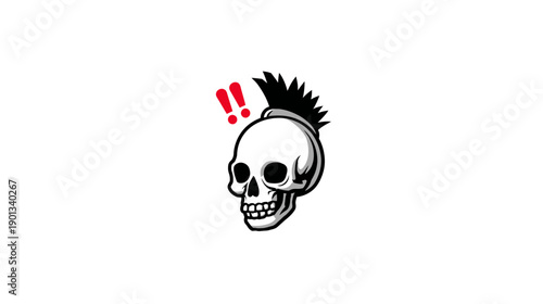 Edgy punk rock skull illustration with mohawk hairstyle and red exclamation marks on a white background, warning symbol.