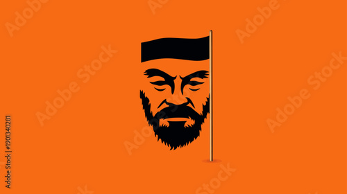 Stylized bearded man's face on a waving flag illustration, vibrant orange background, symbolic graphic design, cultural concept