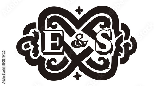 Elegant E & S letters monogram with vintage decorative ornamental frame. Classic black and white intertwined initials graphic design.
