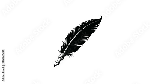 Elegant black feather quill pen with nib, isolated on white. Vintage writing instrument for calligraphy and literature.