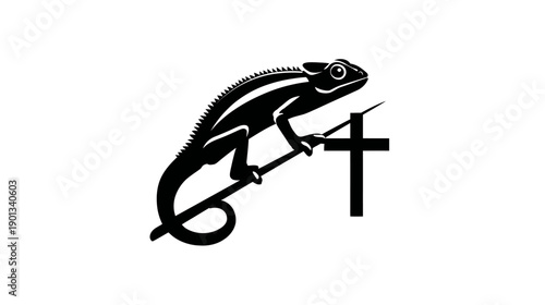 Vector illustration of chameleon reptile on a branch with a Christian cross symbol. Black and white silhouette design.