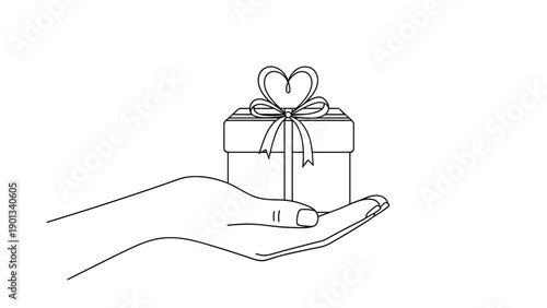 Deliberate generosity is shown as a pair of open hands offers a neatly wrapped gift box with a ribbon to celebrate a kind moment.