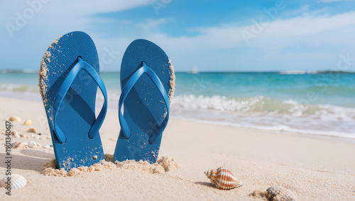 Blue flip-flops standing upright in sand on tropical beach with seashells and ocean waves in background, summer vacation seaside concept