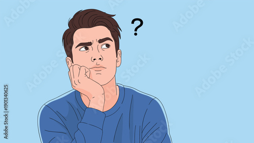 Thoughtful man rests his chin on his hand while he wonders a question with a puzzled expression against a blue background.