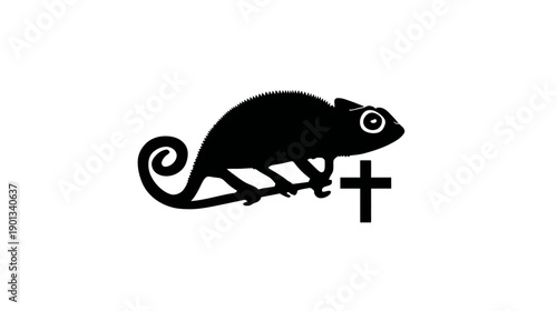 Black chameleon silhouette with a plus sign icon on a white background, symbolizing adaptation, addition, and growth.