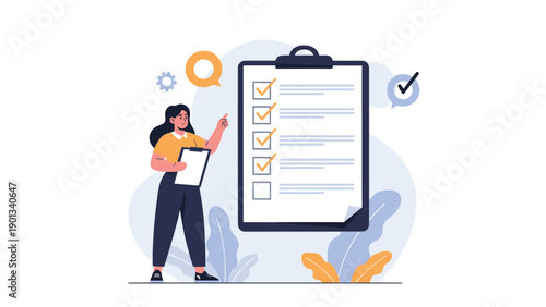 Person stands beside a large clipboard listing tasks with check marks as they explain the plan and track progress in a bright illustrated scene.