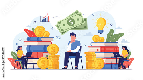 Three students study finance and entrepreneurship amid books coins and a glowing light bulb symbolizing ideas and practical money management in a team setting.