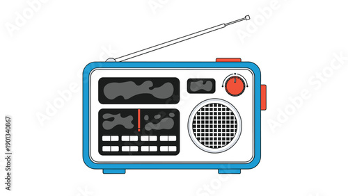 Bright blue vintage radio with red accents and a long retractable antenna rests on a white background showing a grid speaker and a retro control panel.