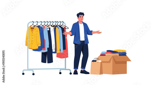 Person organizes a colorful clothing rack with assorted garments while preparing packing boxes for shipment in a retail backroom or donation center.