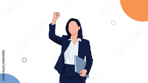 Confident businesswoman in a navy suit raises her fist in triumph while carrying a folder representing leadership and professional success.