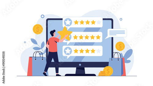Person reviews and rates products using a giant computer monitor displaying multiple star ratings while shopping bags and coins symbolize ecommerce feedback.