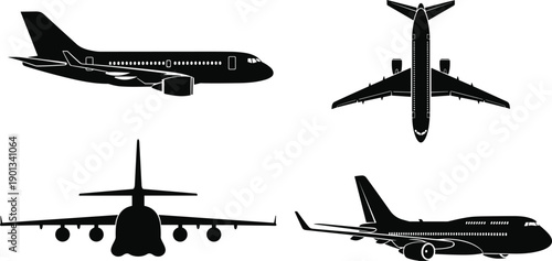 Passenger airplane silhouette set, commercial jet aircraft front side top views, aviation transport vector icons isolated on white background illustration
