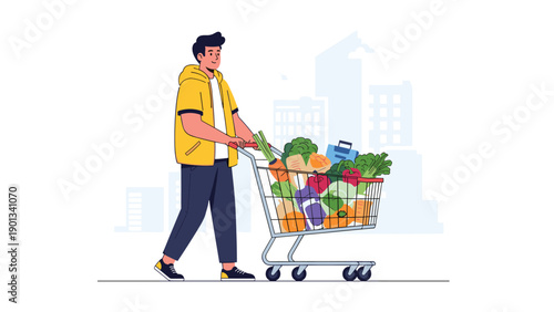 Man pushes a grocery cart full of fresh vegetables and fruits through a bright city street illustration featuring tall buildings and a cheerful scene.