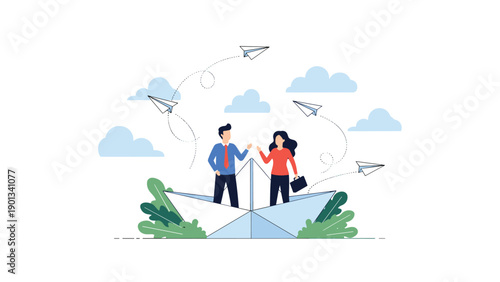 Two professionals stand on a giant folded paper plane in a sunny park with clouds and greenery while paper airplanes fly around.