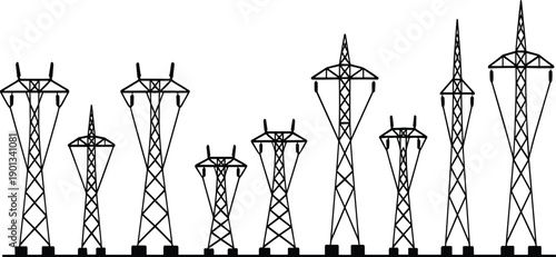 Black and white line of various power transmission towers and pylons in different and sizes line black and white