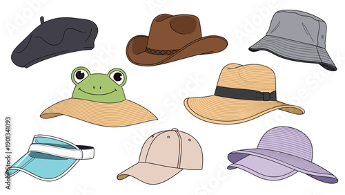 Colorful collection of hats and headwear including beret cowboy hat bucket hat straw hat visor cap and a frog wearing a straw hat in a playful display.